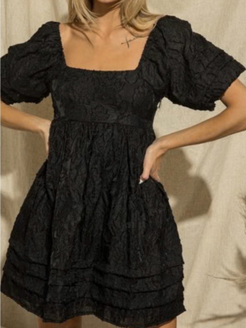 Black Puff-Sleeve Square Neck Dress
